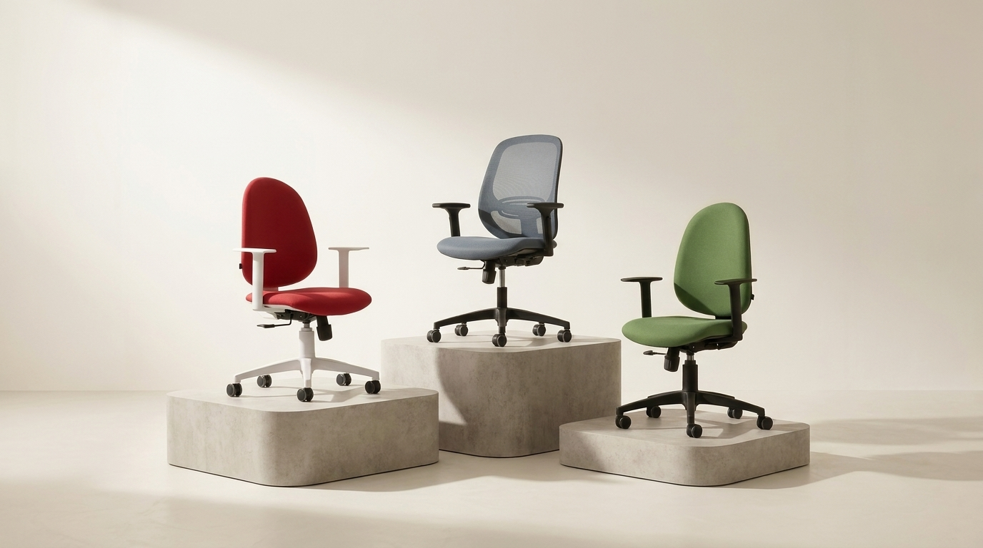 Otroški ergonomski stoli Heka Interior — modeli Betty, Enjoy in Lenny v studijski postavitvi