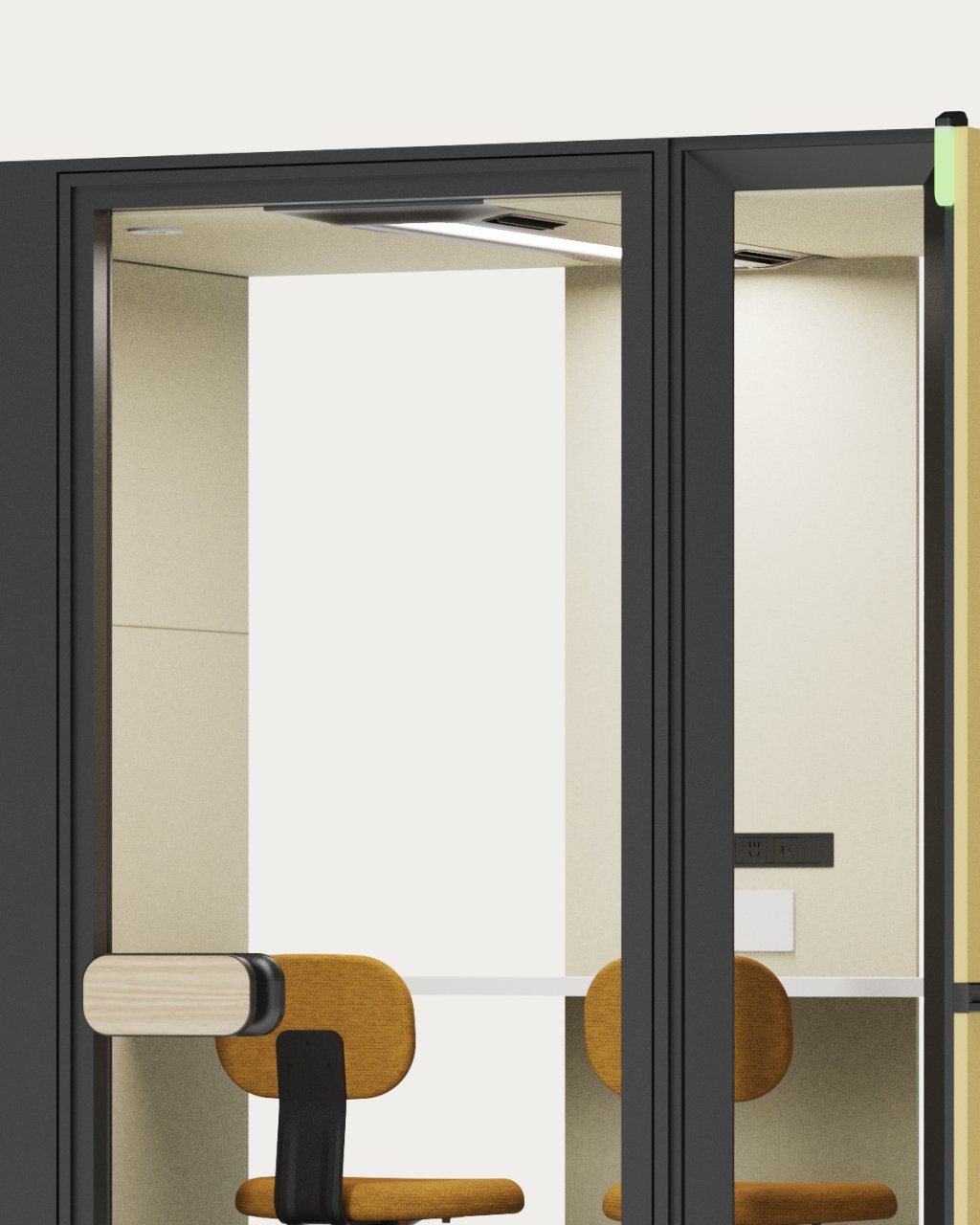 CorePod Cube Duo, detail: door with handle and bar table