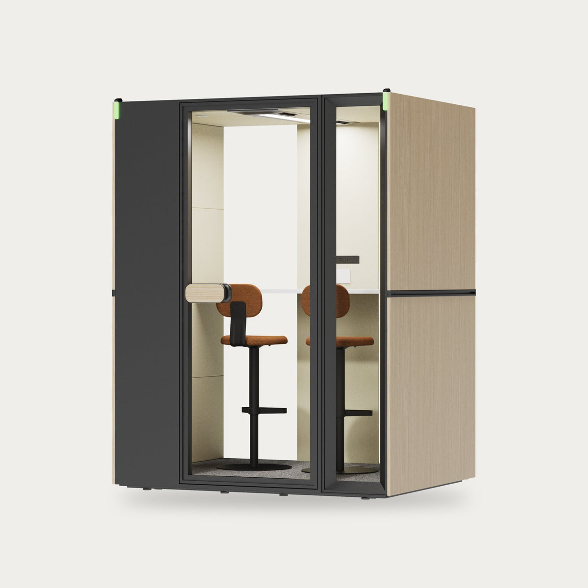 CorePod Cube Duo acoustic pod, exterior wood finish, with bar stools