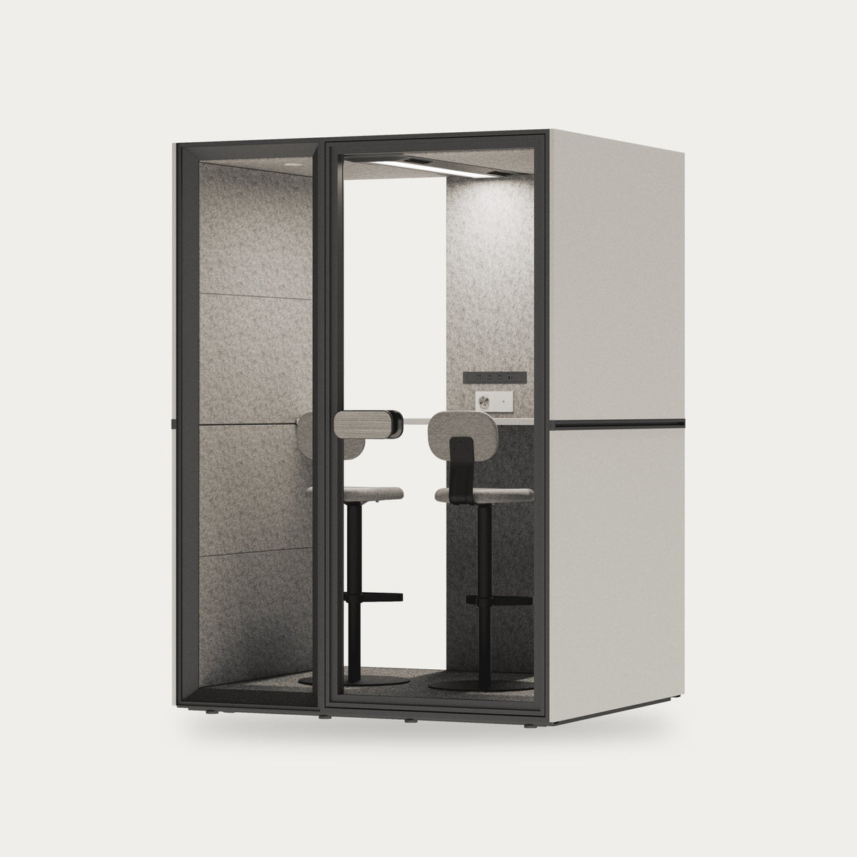 CorePod Cube Duo acoustic pod, exterior white, with bar stools