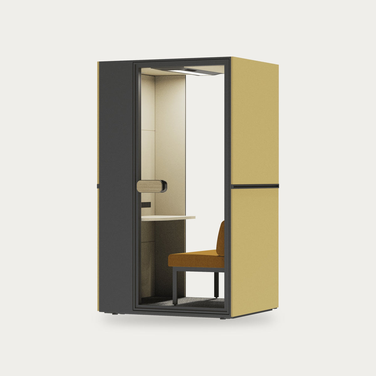CorePod Cube Focus acoustic pod, exterior yellow, with seat