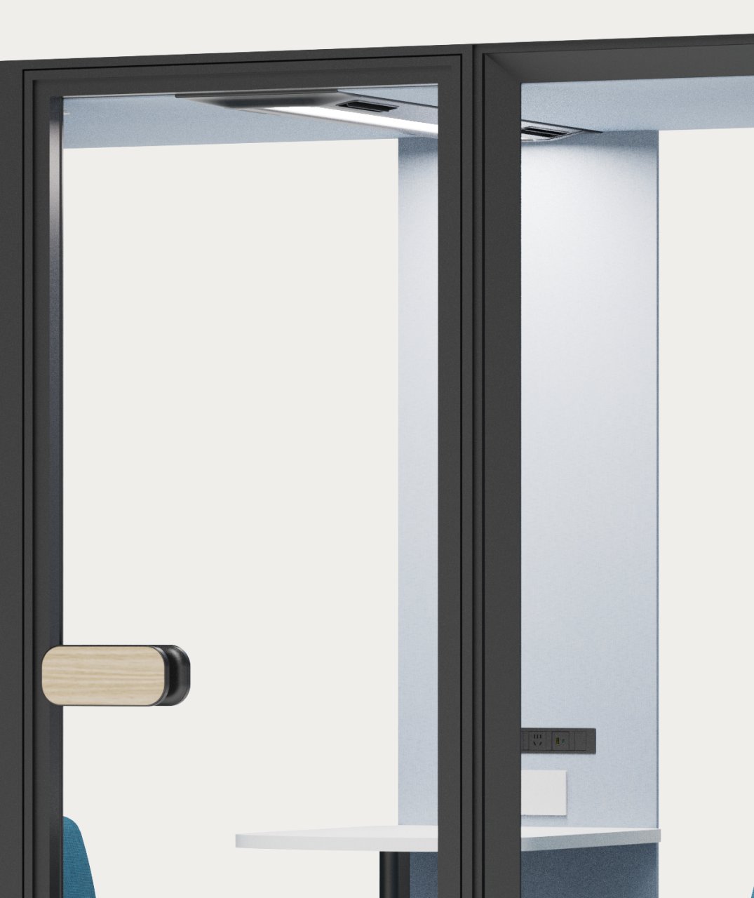 CorePod Cube Meet, detail: door with handle, table and sockets