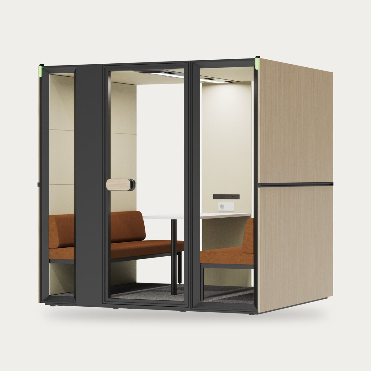 CorePod Cube Team acoustic pod, exterior wood finish, with seating