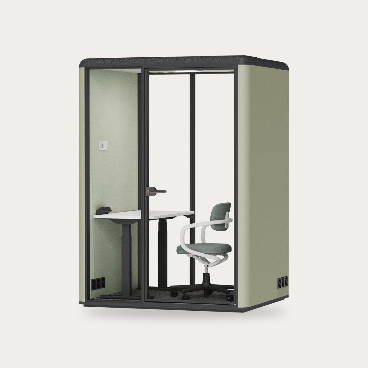 CorePod Duo acoustic pod, exterior Sage, furnished version
