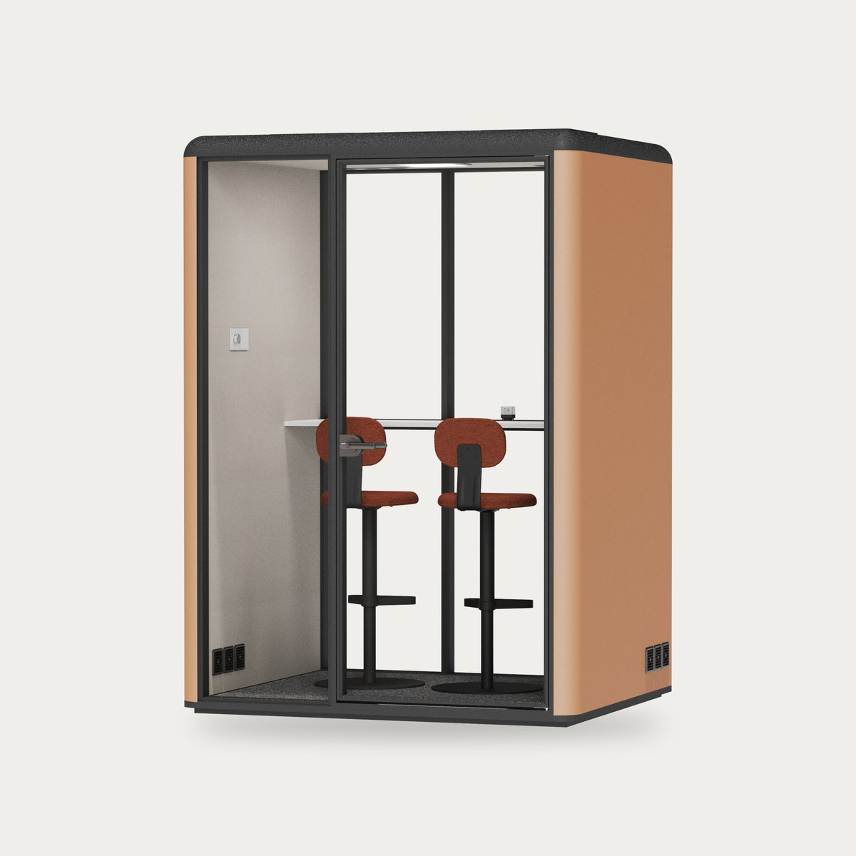 CorePod Duo acoustic pod, exterior Caramel, with bar table