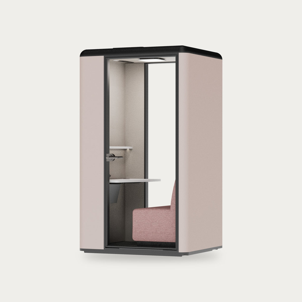 CorePod Focus acoustic pod, exterior Powder Pink, with seat and shelf