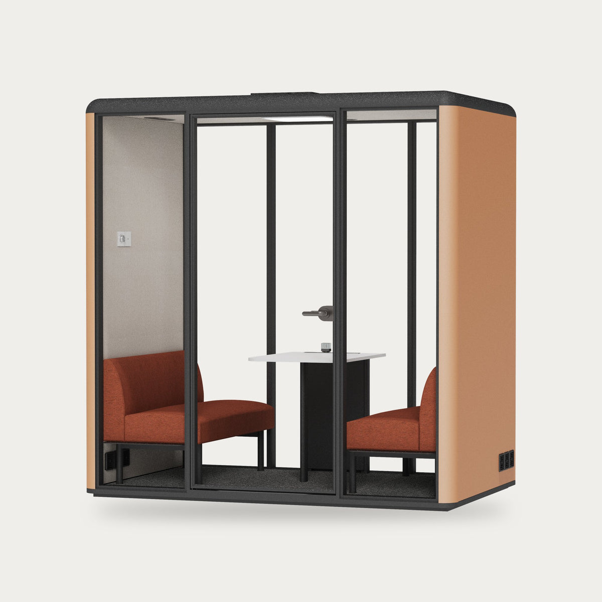 CorePod Meet acoustic pod, exterior Caramel, with benches and table