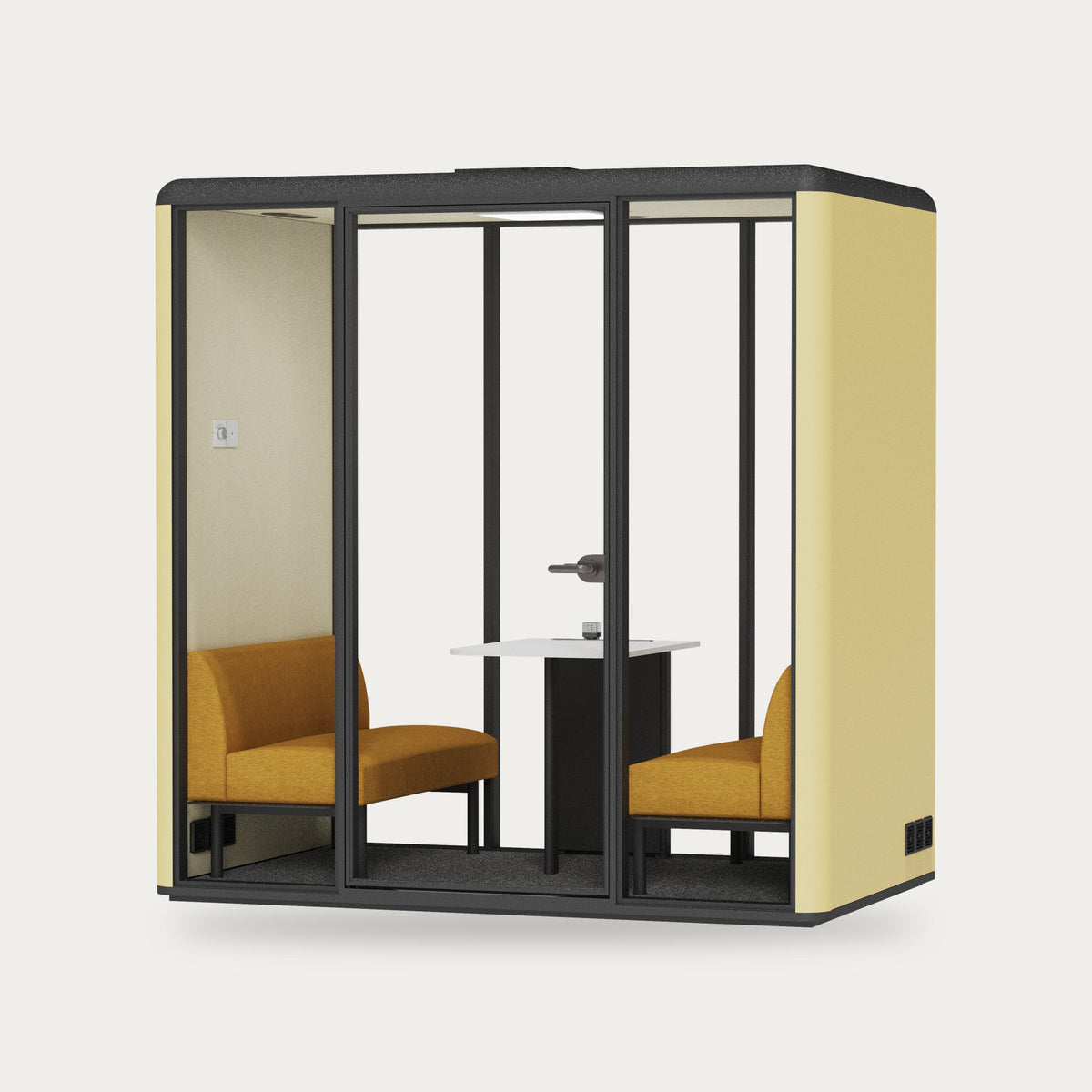 CorePod Meet acoustic pod, exterior Straw Yellow, with benches and table