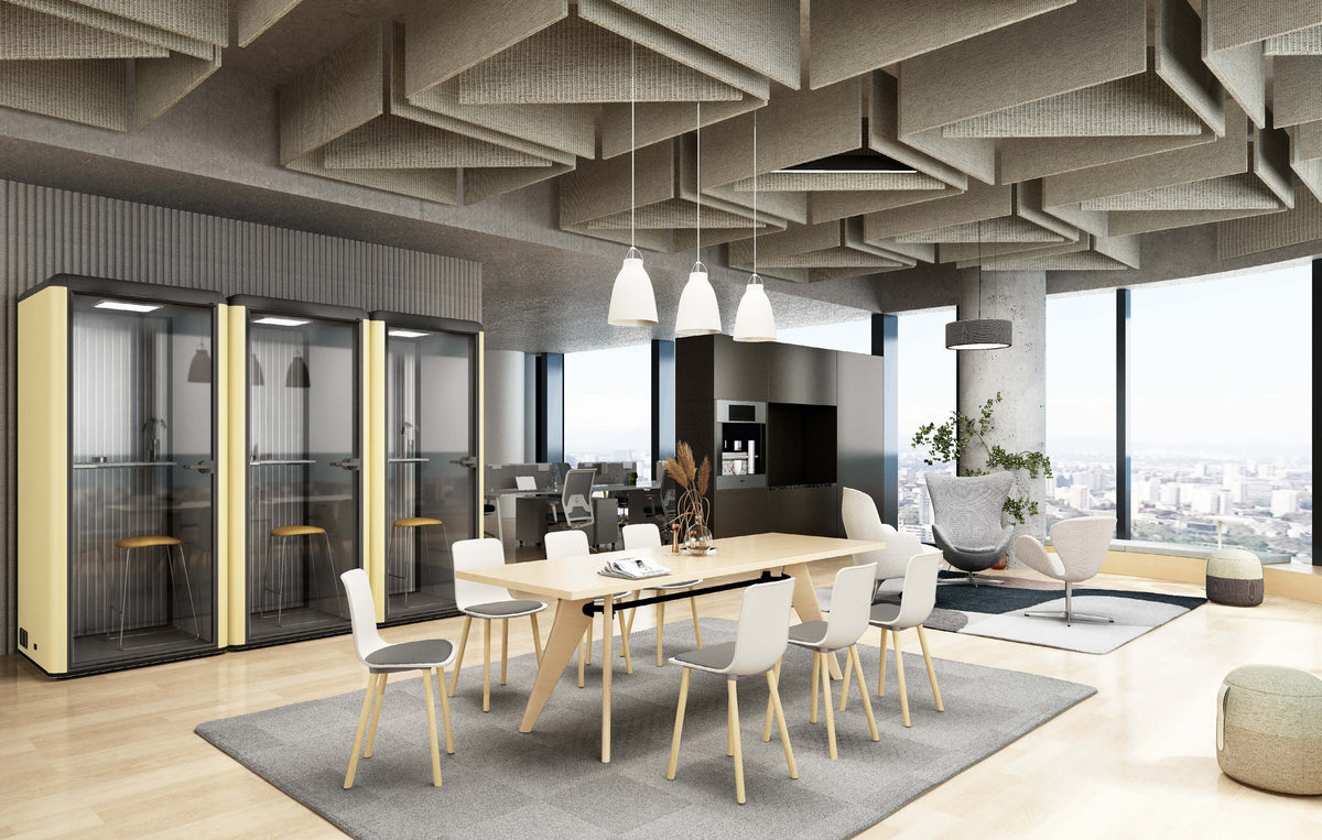 CorePod Solo, visualisation: three pods in an open-plan office