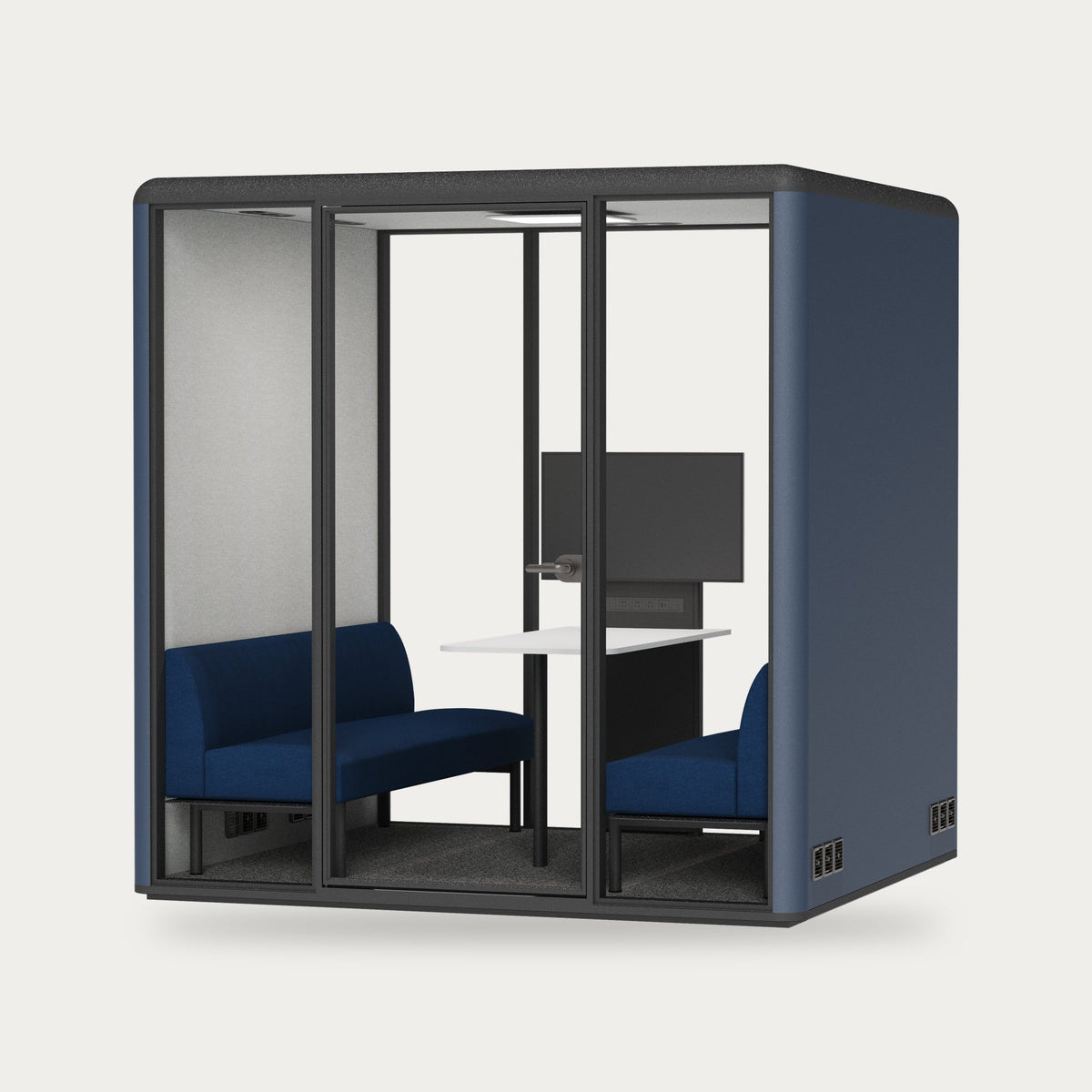CorePod Team acoustic pod, exterior Midnight Blue, with benches and screen mount