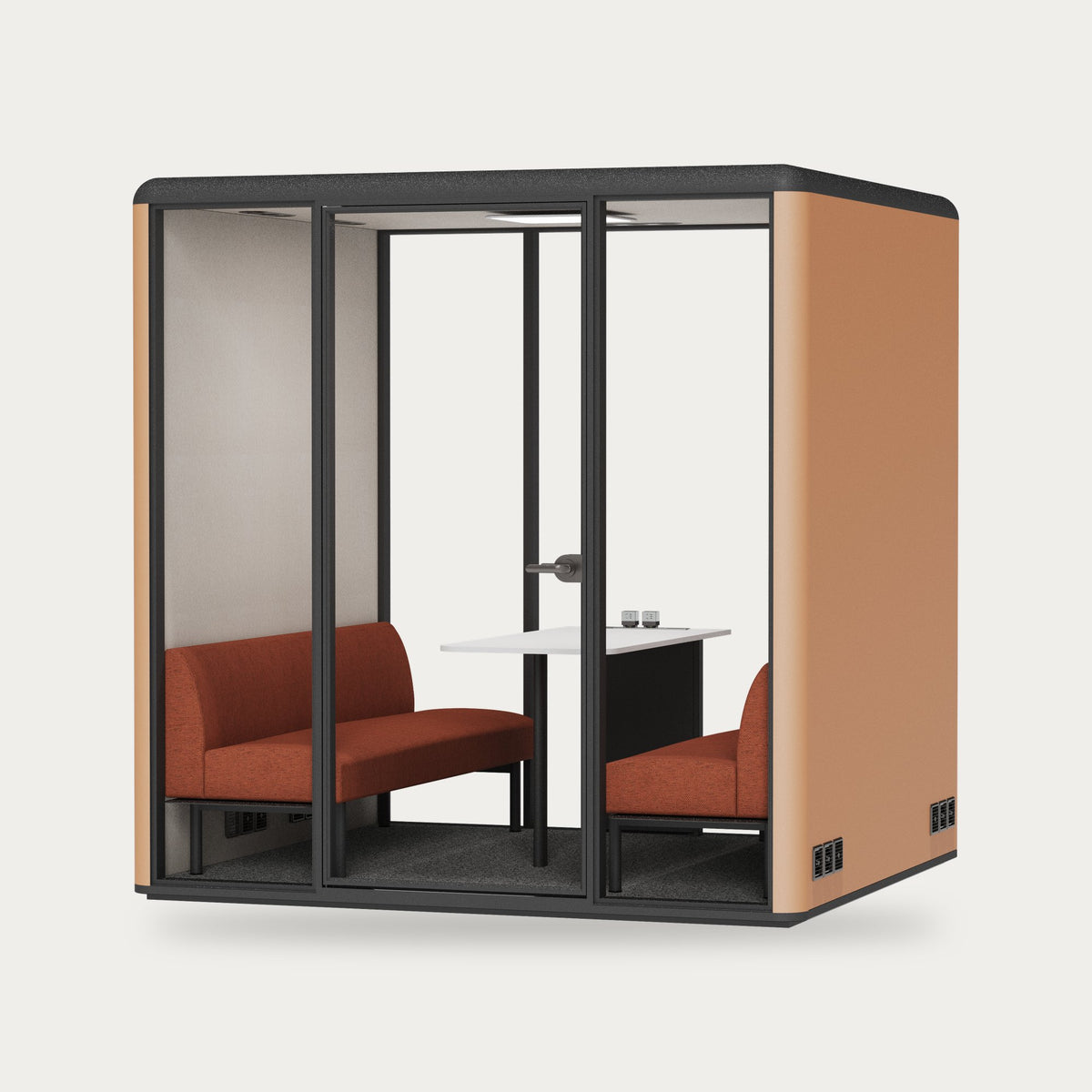 CorePod Team acoustic pod, exterior Caramel, with benches and table