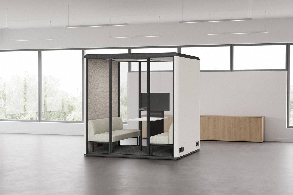 CorePod Team acoustic pod, exterior Chalk White, in an office (visualisation)