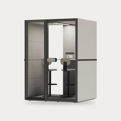 CorePod Cube Duo acoustic pod, exterior white, with bar stools