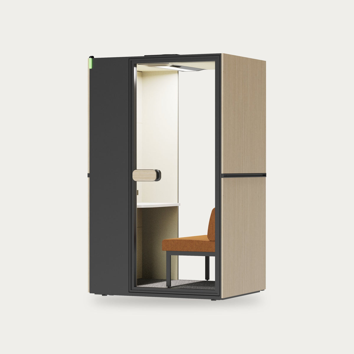 CorePod Cube Focus acoustic pod, exterior wood finish, with seat