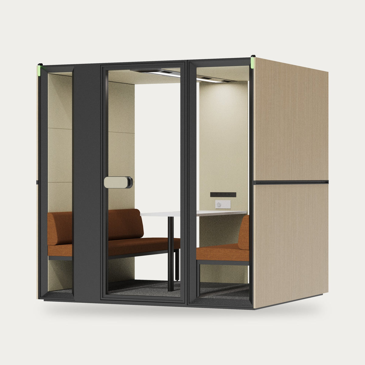 CorePod Cube Team acoustic pod, exterior wood finish, with benches and table