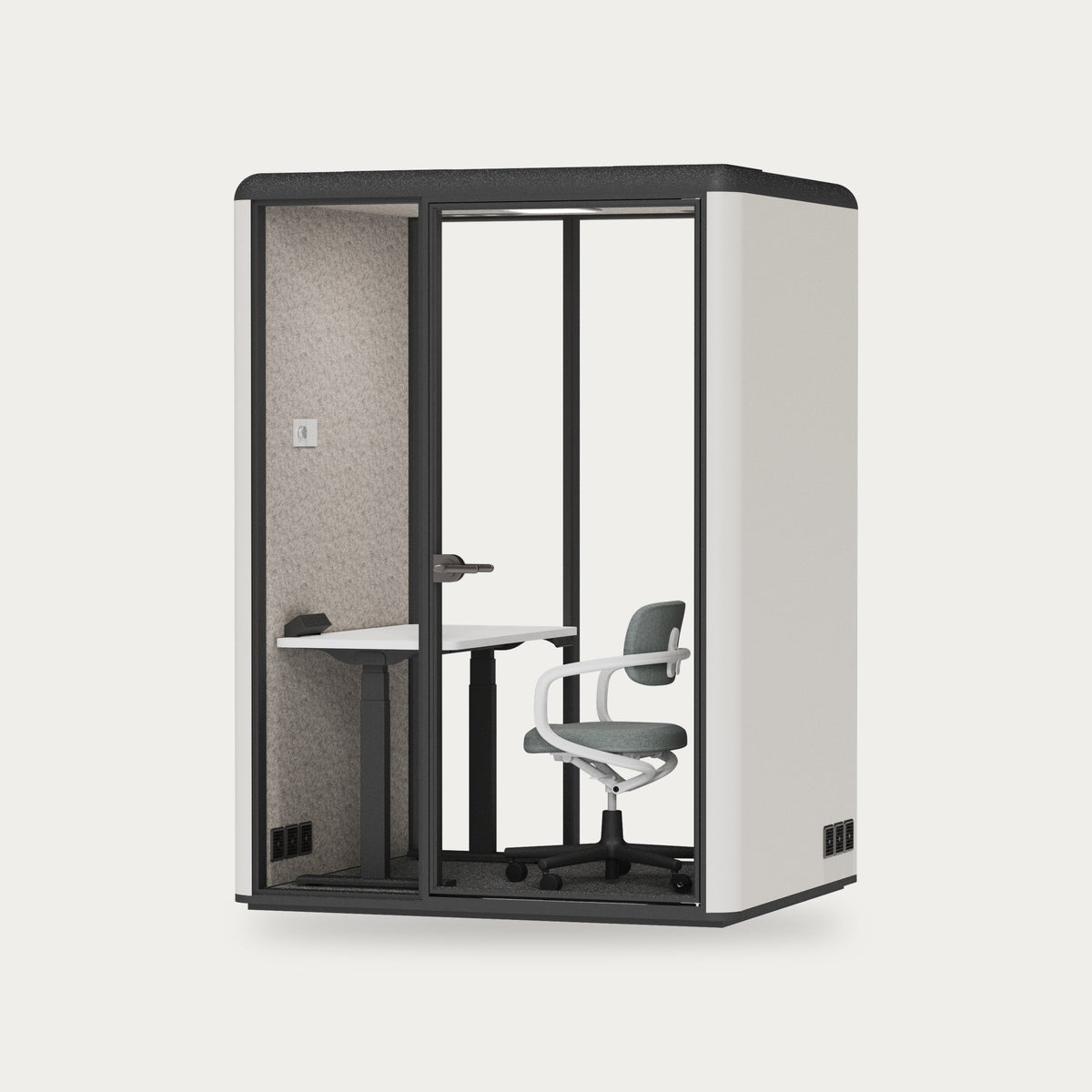 CorePod Duo acoustic pod, exterior Chalk White, with table and chairs