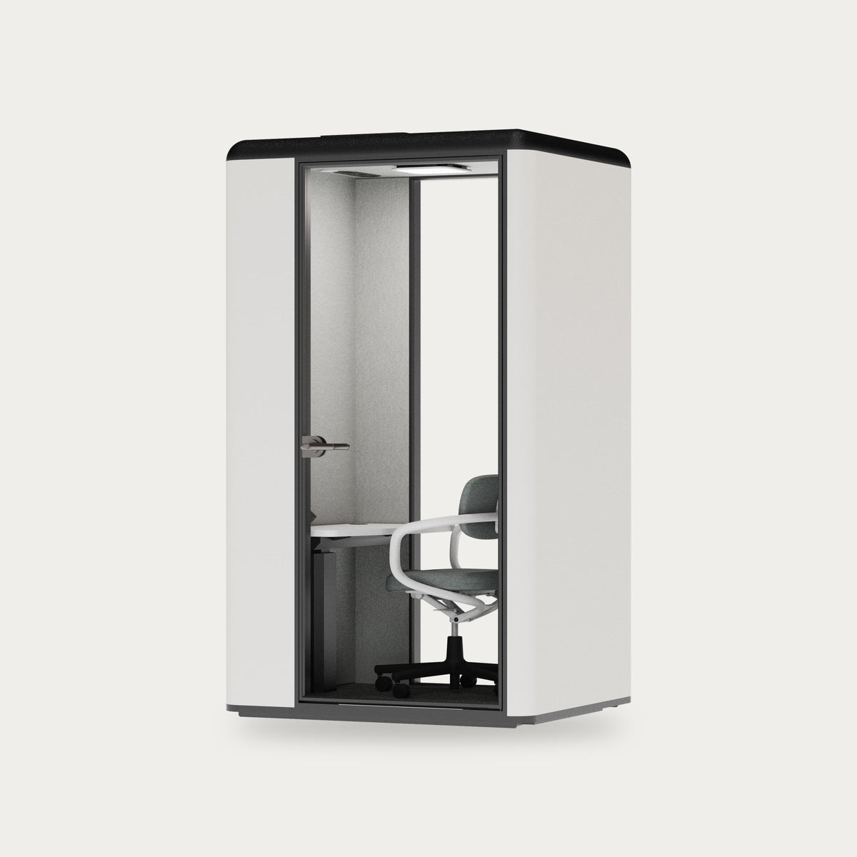 CorePod Focus acoustic pod, exterior Chalk White, with desk and chair