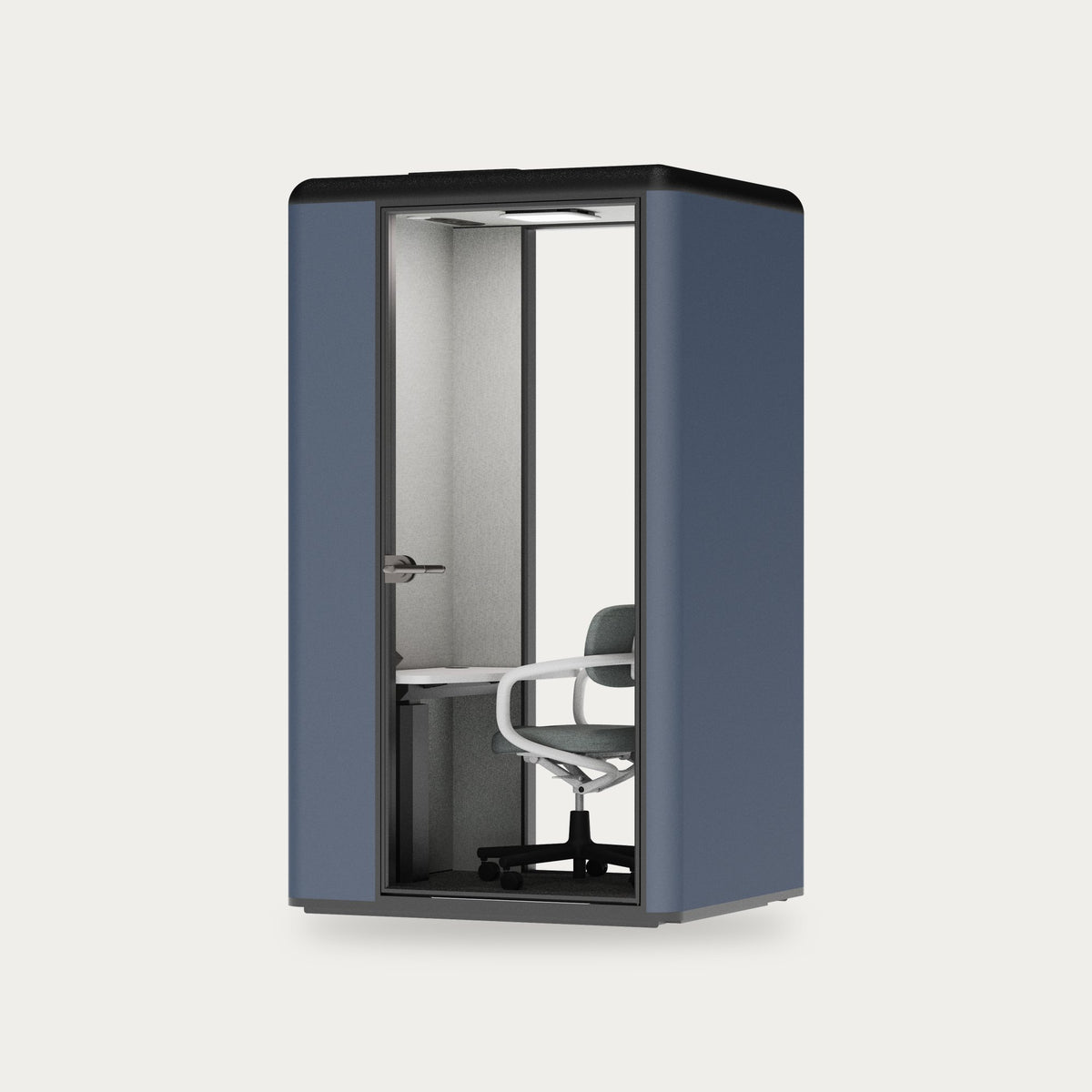 CorePod Focus acoustic pod, exterior Midnight Blue, with desk and chair