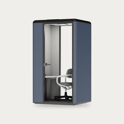 CorePod Focus acoustic pod, exterior Midnight Blue, with desk and chair