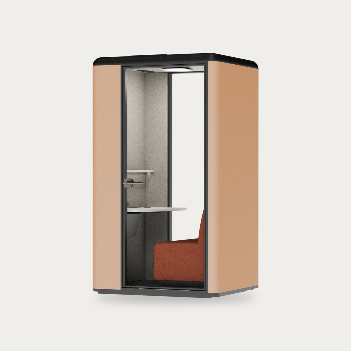CorePod Focus acoustic pod, exterior Caramel, with seat and shelf