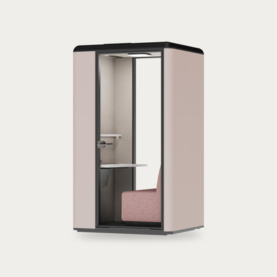 CorePod Focus acoustic pod, exterior Powder Pink, with seat and shelf