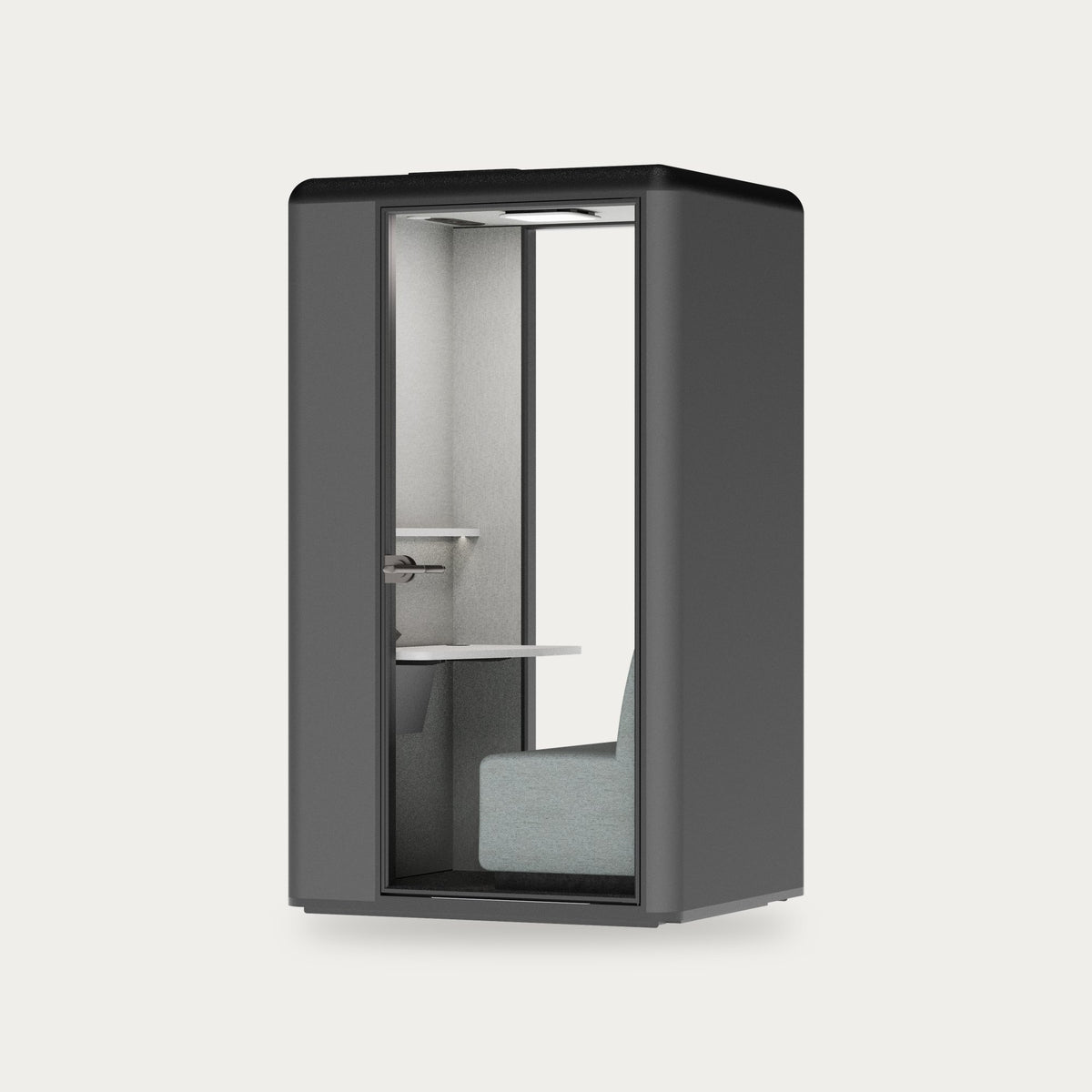 CorePod Focus acoustic pod, exterior Graphite, with seat and shelf
