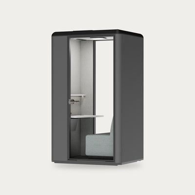 CorePod Focus acoustic pod, exterior Graphite, with seat and shelf