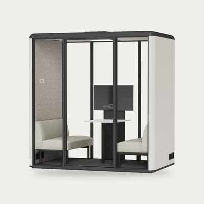 CorePod Meet acoustic pod, exterior Chalk White, with benches and screen mount
