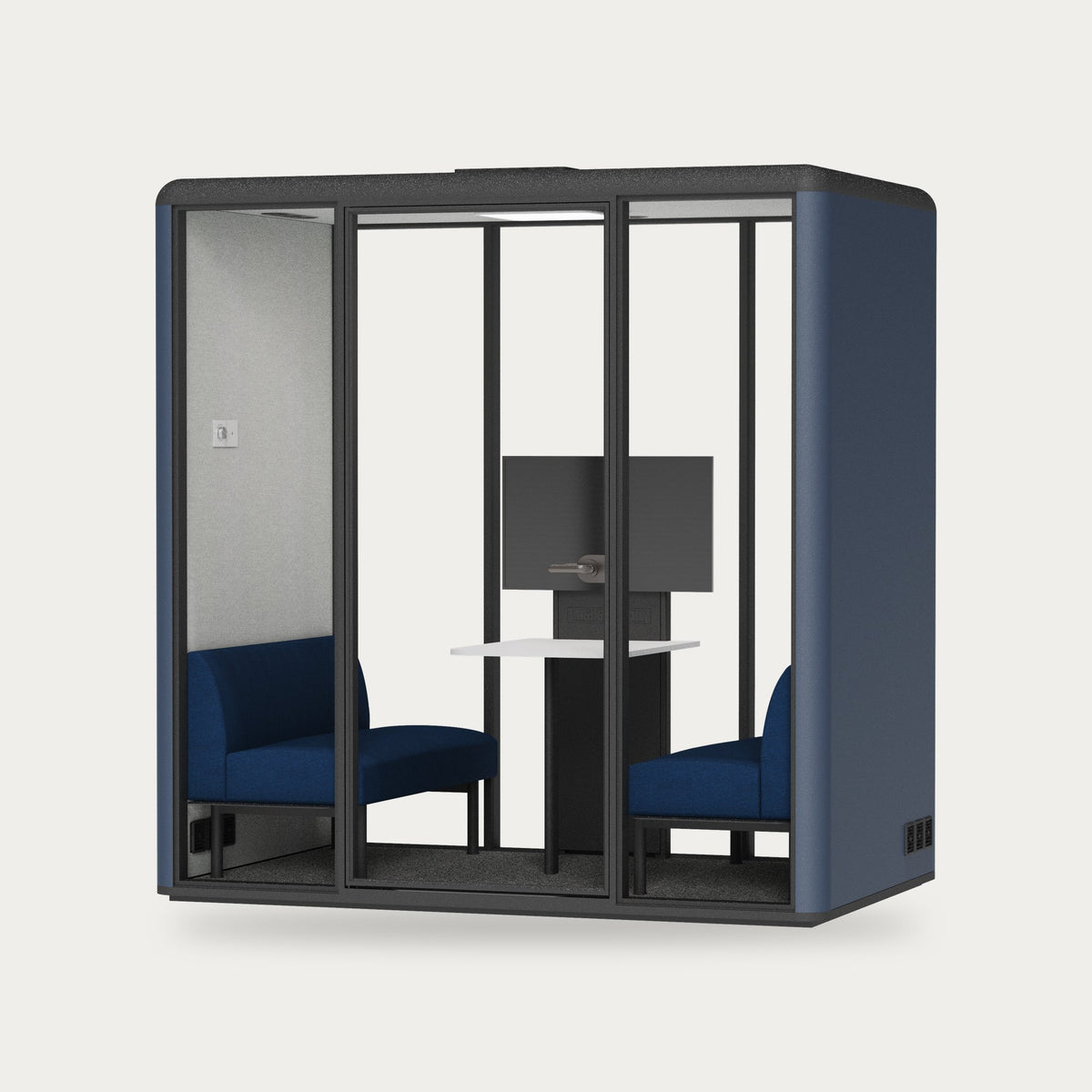 CorePod Meet acoustic pod, exterior Midnight Blue, with benches and screen mount
