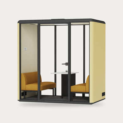 CorePod Meet acoustic pod, exterior Straw Yellow, with benches and table