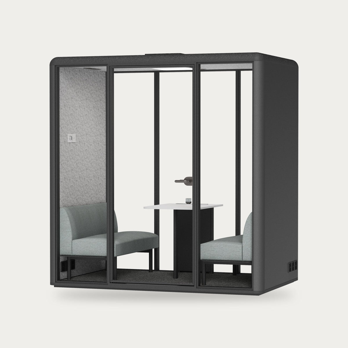 CorePod Meet acoustic pod, exterior Graphite, with benches and table