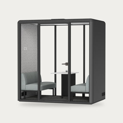 CorePod Meet acoustic pod, exterior Graphite, with benches and table