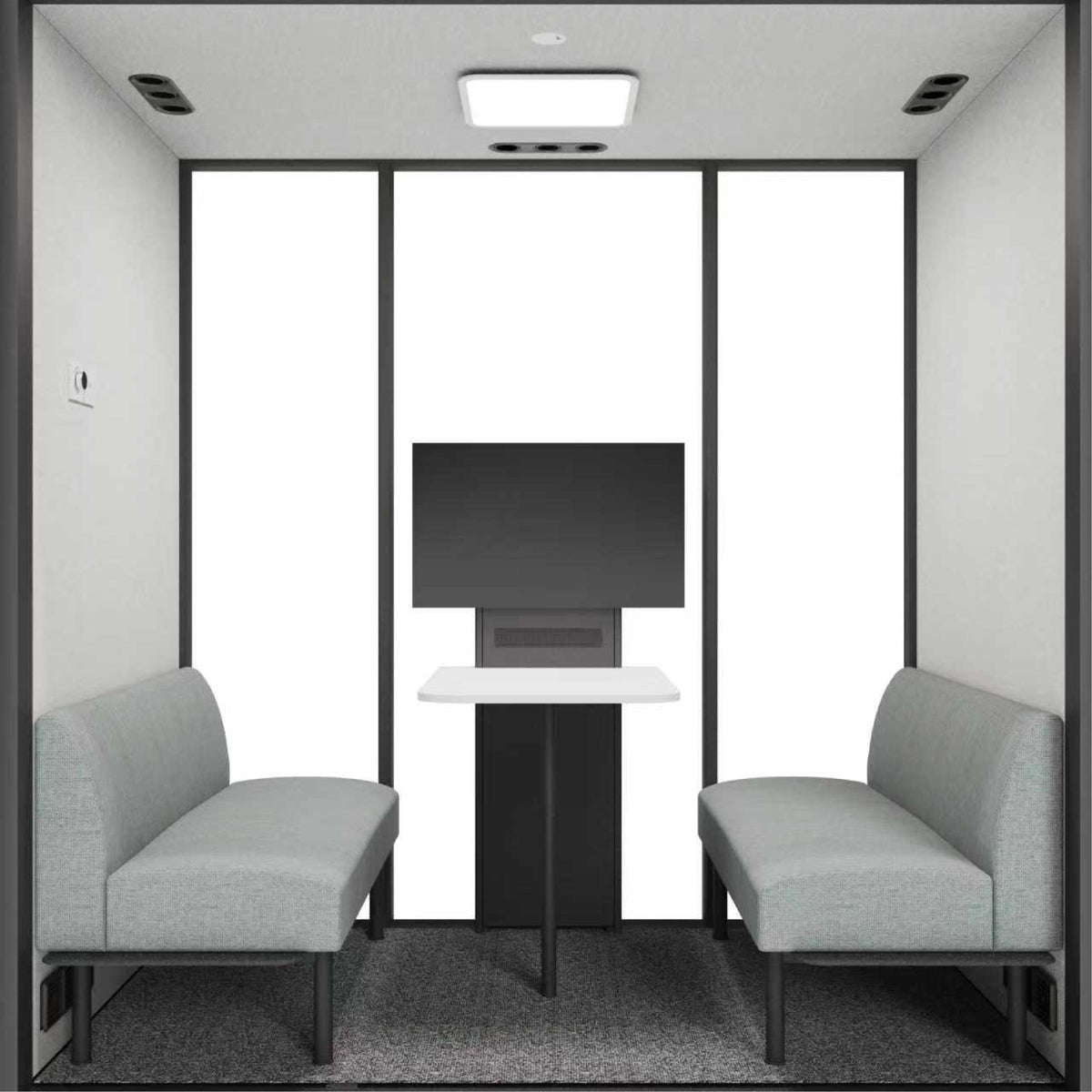 CorePod Meet, interior: benches, table and screen mount