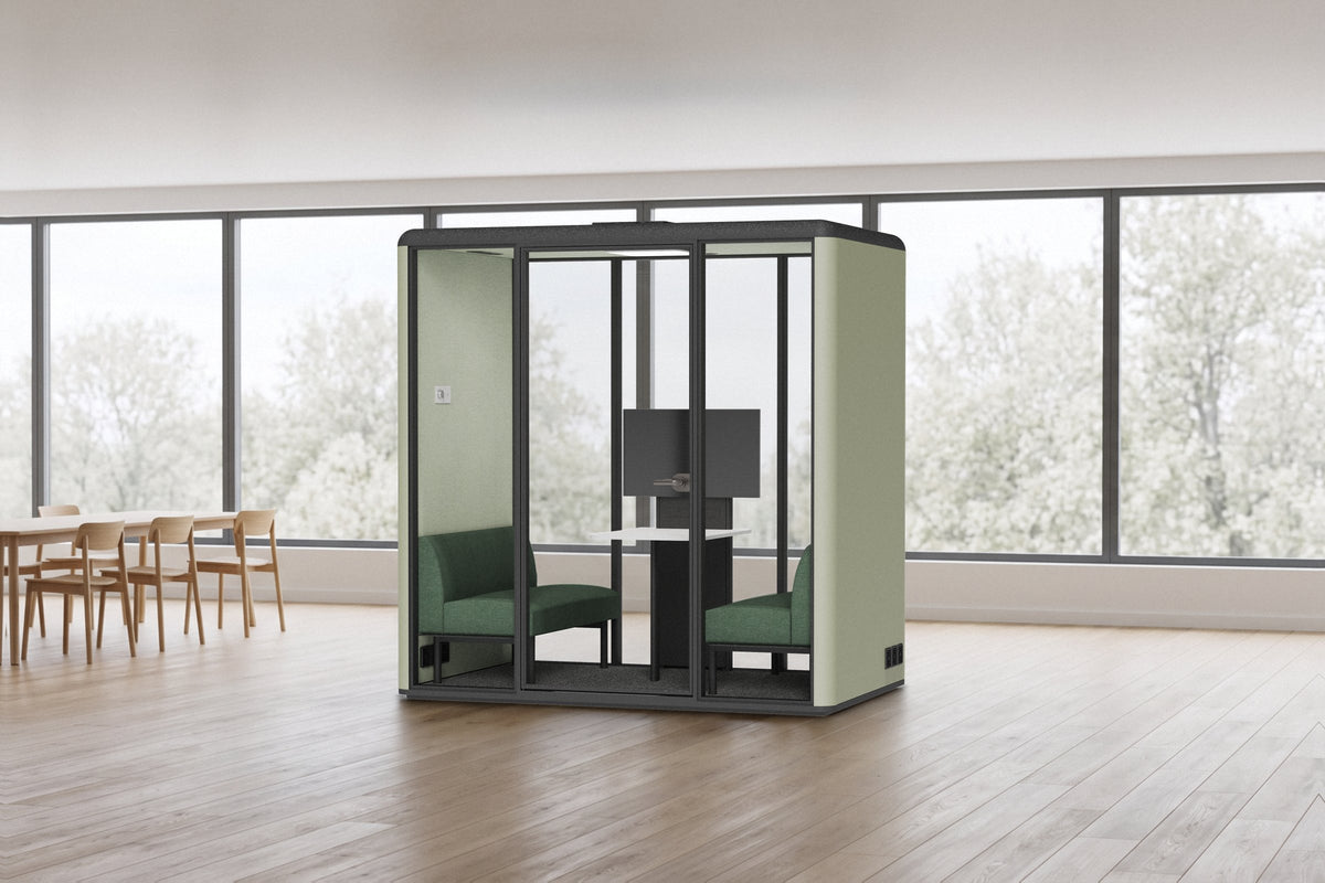 CorePod Meet acoustic pod, exterior Sage, in an office (visualisation)