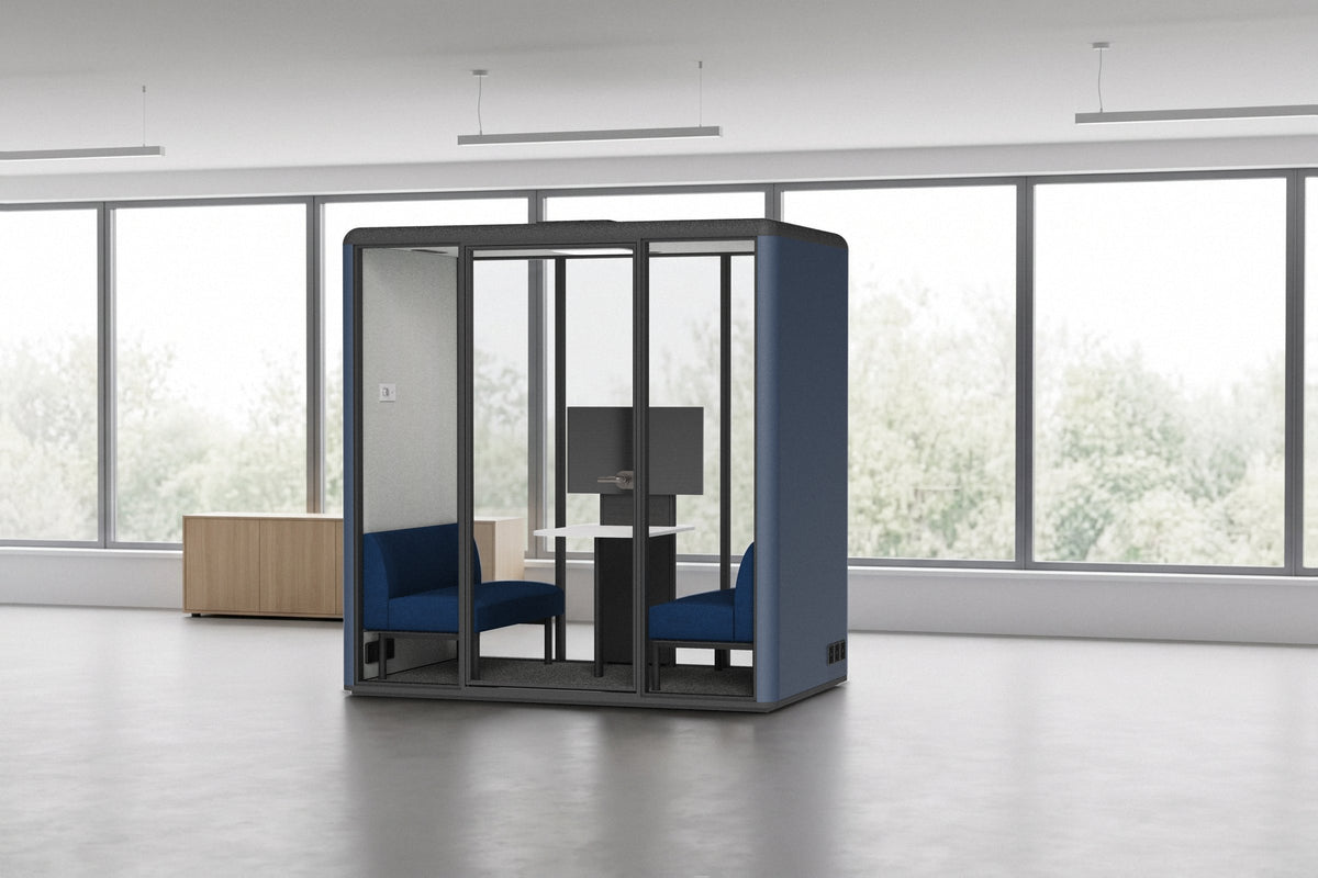 CorePod Meet acoustic pod, exterior Midnight Blue, in an office (visualisation)