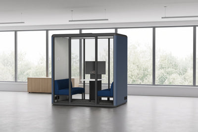 CorePod Meet acoustic pod, exterior Midnight Blue, in an office (visualisation)