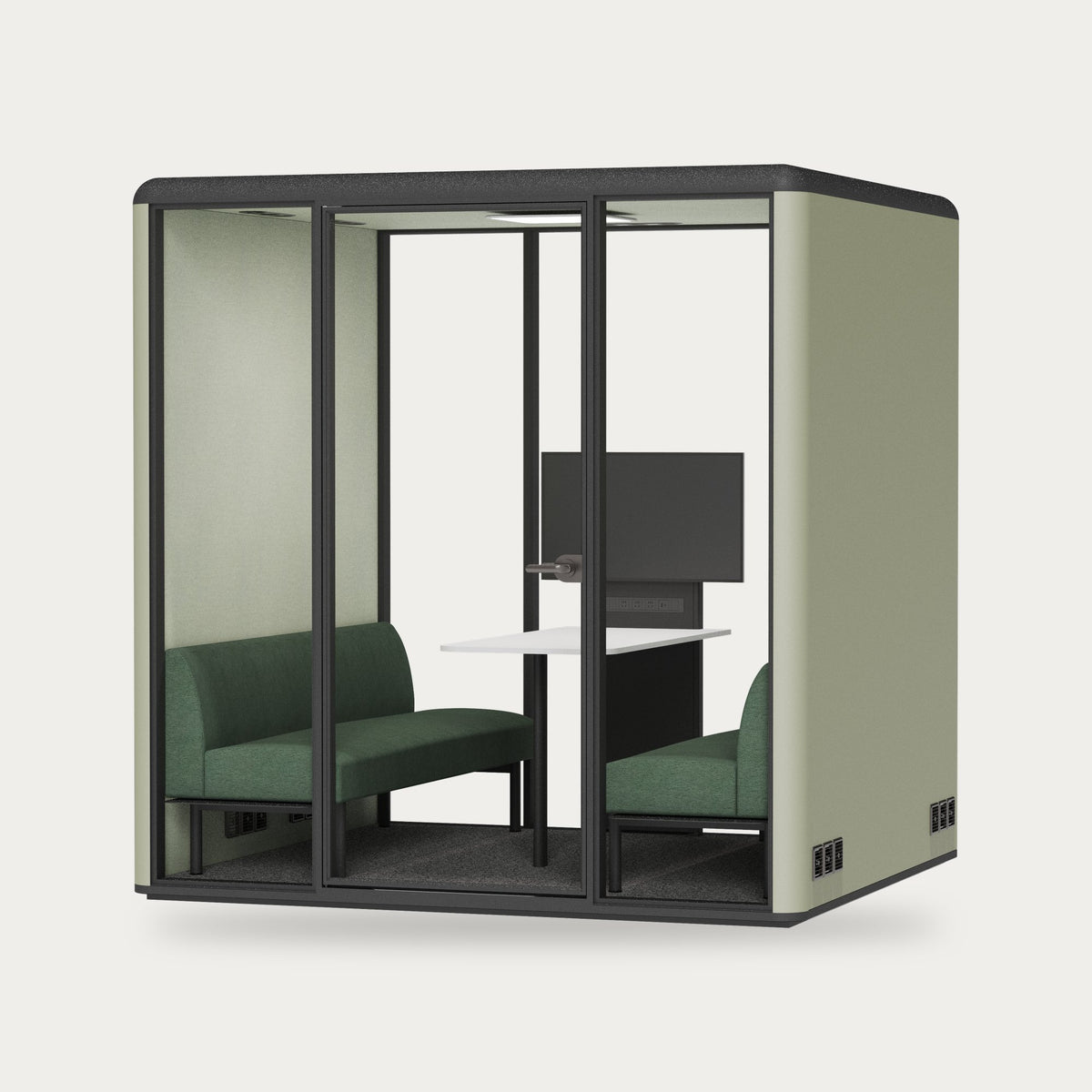 CorePod Team acoustic pod, exterior Sage, furnished version