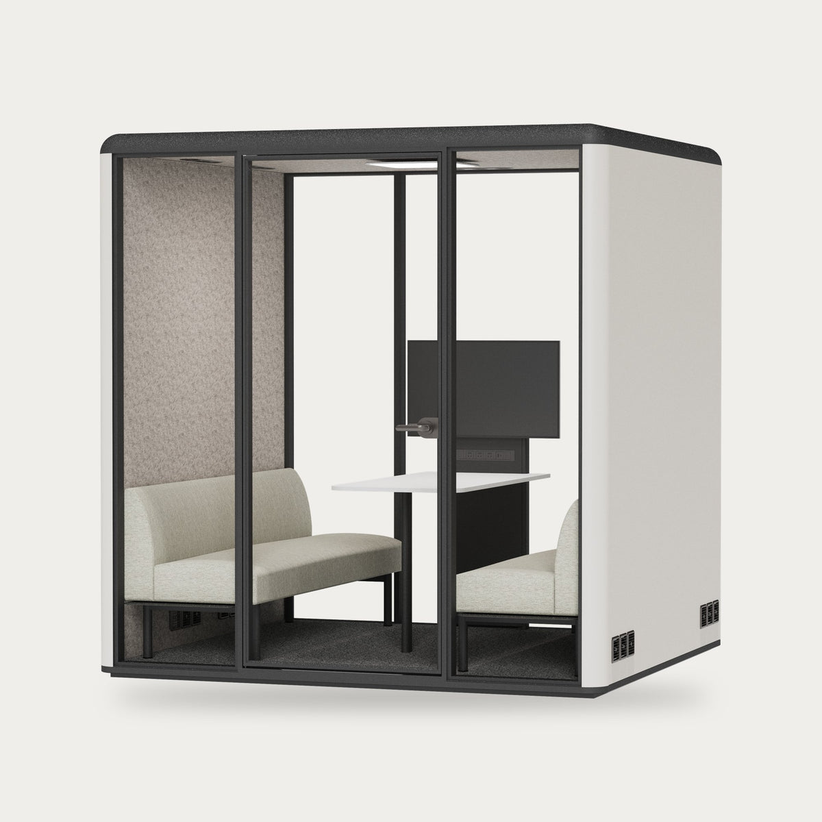 CorePod Team acoustic pod, exterior Chalk White, with benches and screen mount