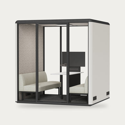 CorePod Team acoustic pod, exterior Chalk White, with benches and screen mount