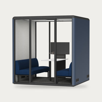 CorePod Team acoustic pod, exterior Midnight Blue, with benches and screen mount