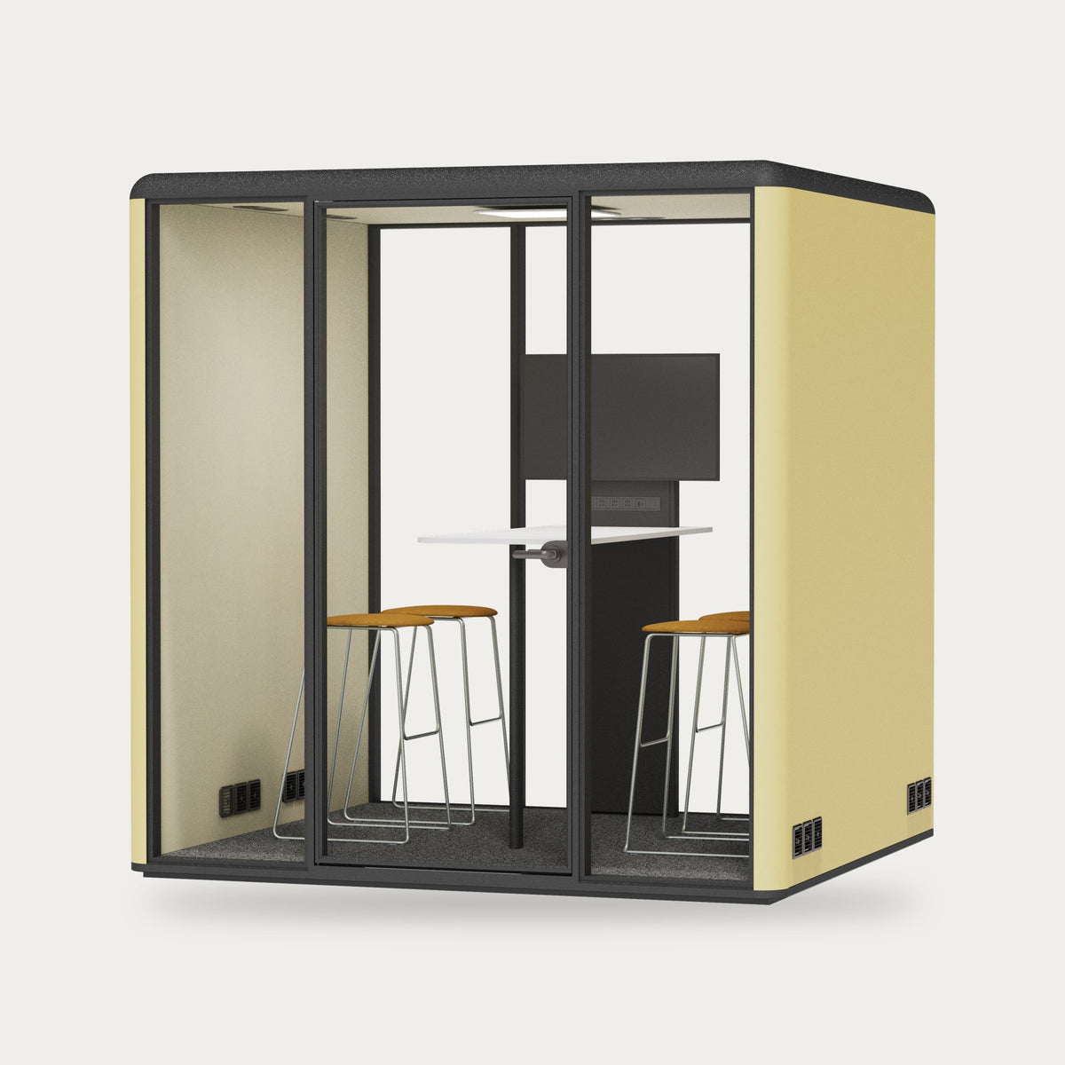 CorePod Team acoustic pod, exterior Straw Yellow, with bar table and screen mount