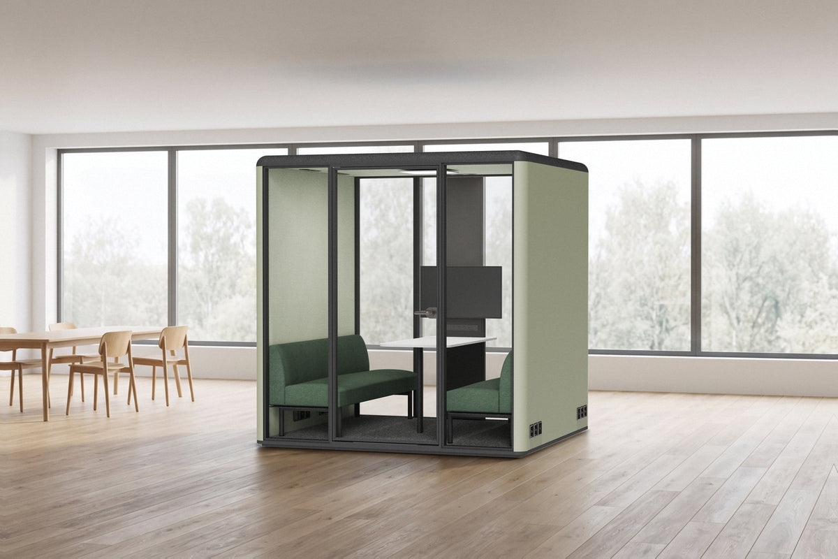 CorePod Team acoustic pod, exterior Sage, in an office (visualisation)